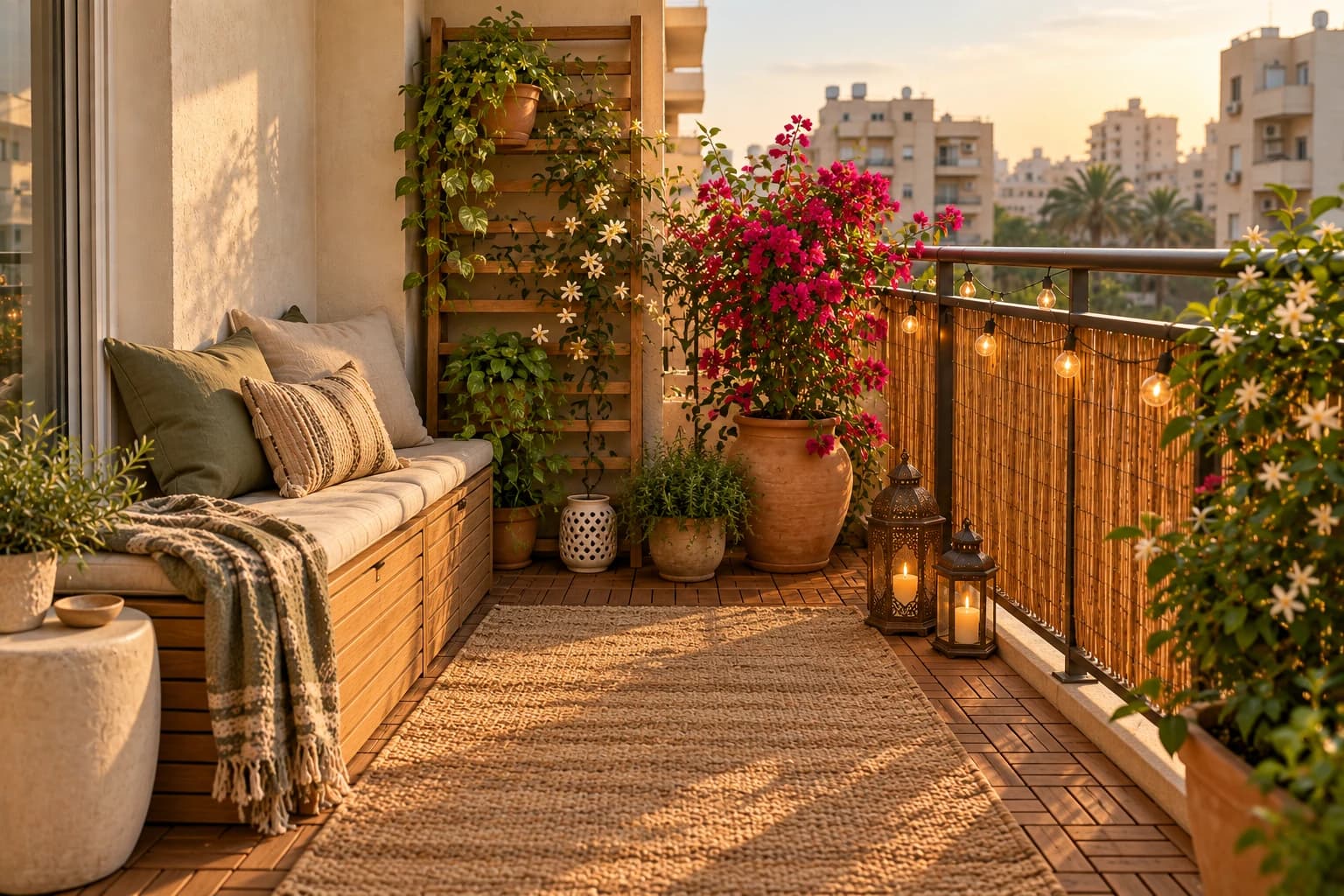زاوية بلكونة بأرضية خشب ومقعد خشبي بتخزين وشبكة خشبية عليها نباتات متسلقة وجهنمية في أصيص