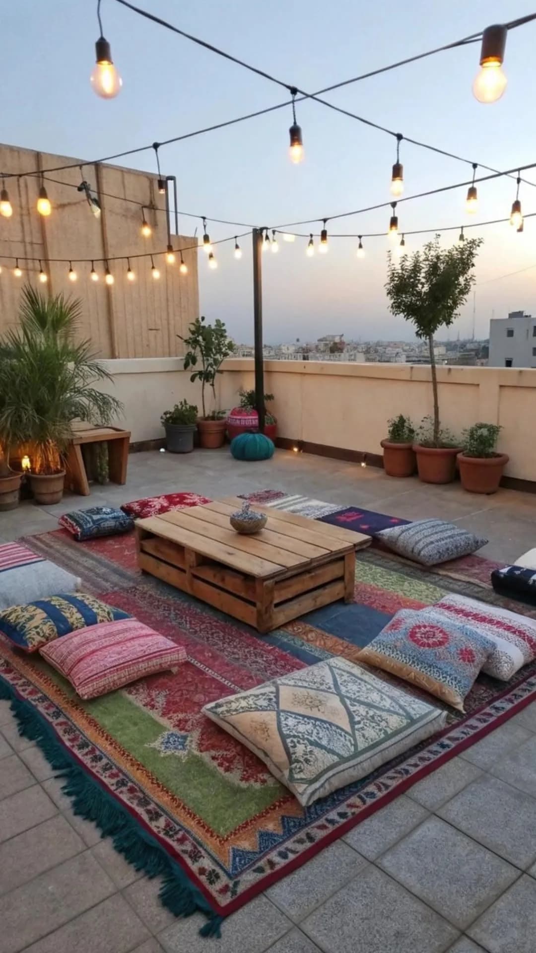 سطح بسجاد ملون متداخل ووسائد أرضية بنقوش، وطاولة طبليات خشبية في الوسط، وسلاسل إضاءة مشدودة ونباتات في أوان على الأطراف