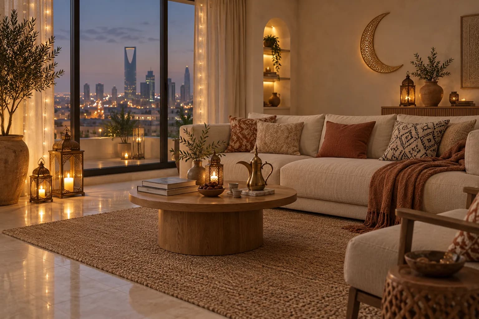صالة مزينة لرمضان بفوانيس نحاسية وإضاءة دافئة وهلال معلّق