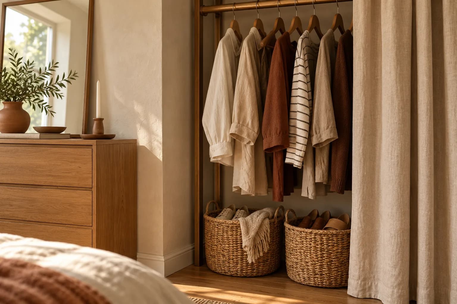 Open clothing rack with neutral clothes on matching wooden hangers and woven baskets on the base