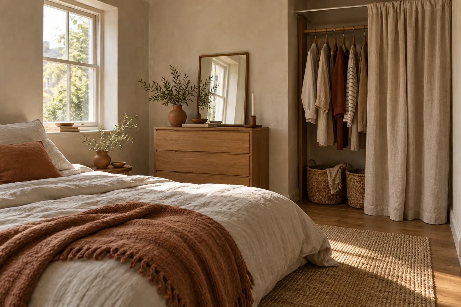 Small bedroom with an oak clothing rail half hidden behind a linen curtain and woven baskets below