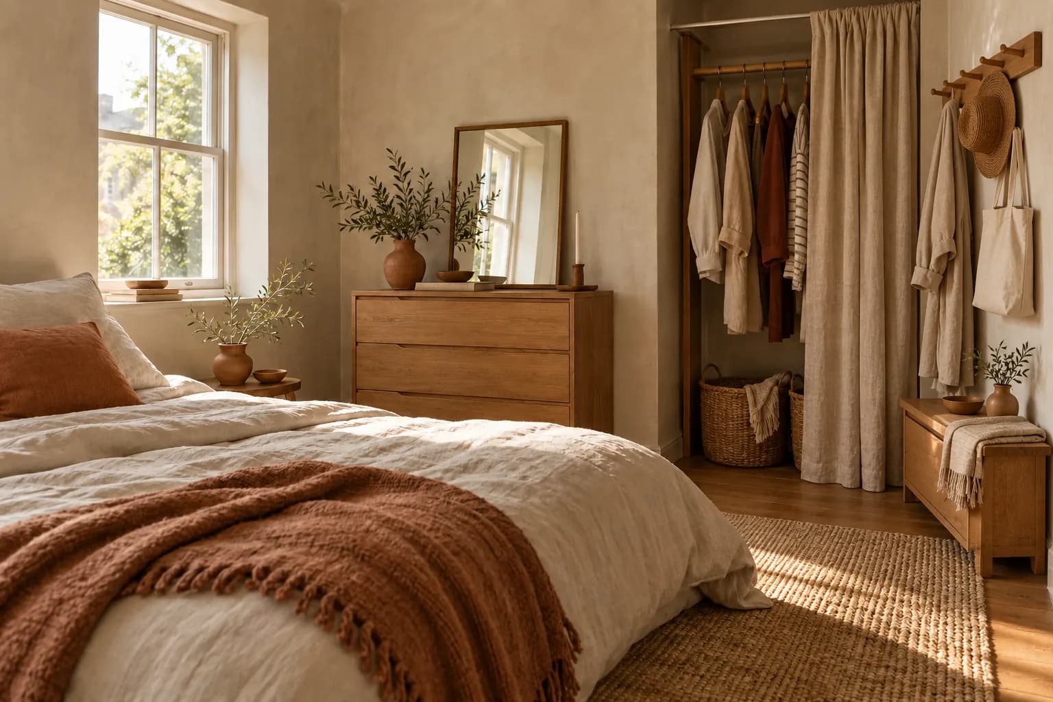 Oak peg rail by a bedroom door holding a robe, a tote and a hat above a small bench