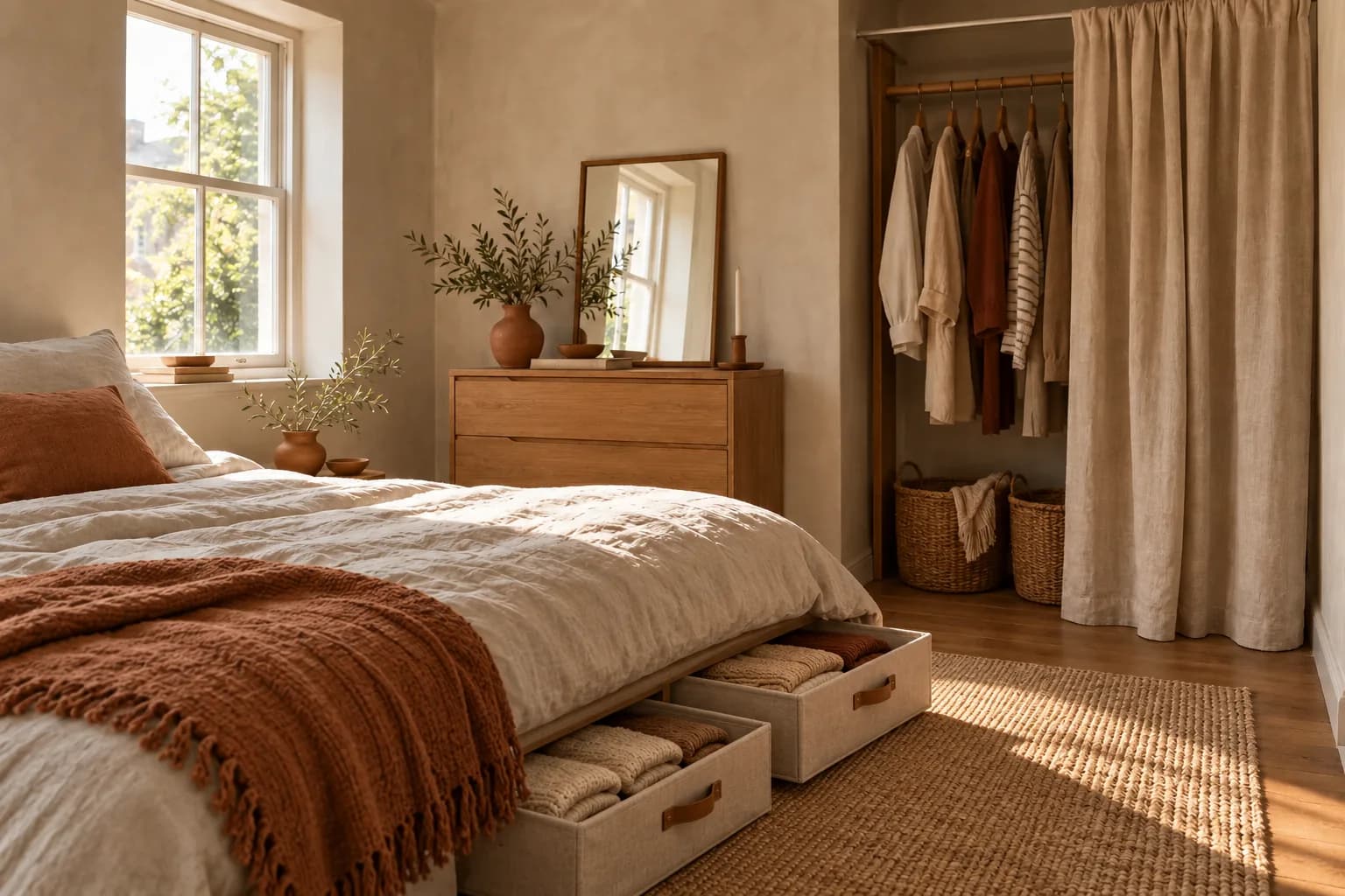 Low bed with fabric storage cases pulled out from underneath holding folded knits