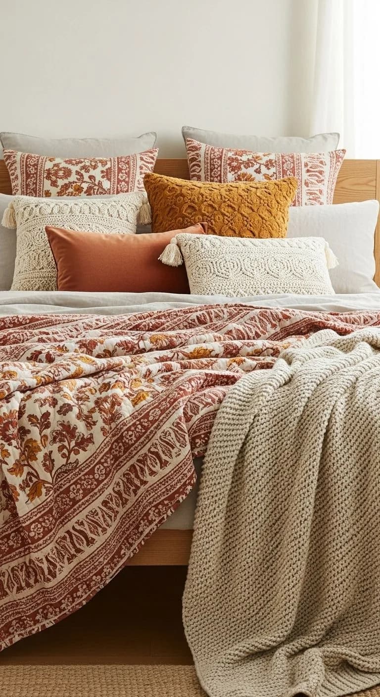 Bed with cream and rust block-print pillows, a mustard knitted cushion, a rust floral bedspread and a chunky oatmeal throw