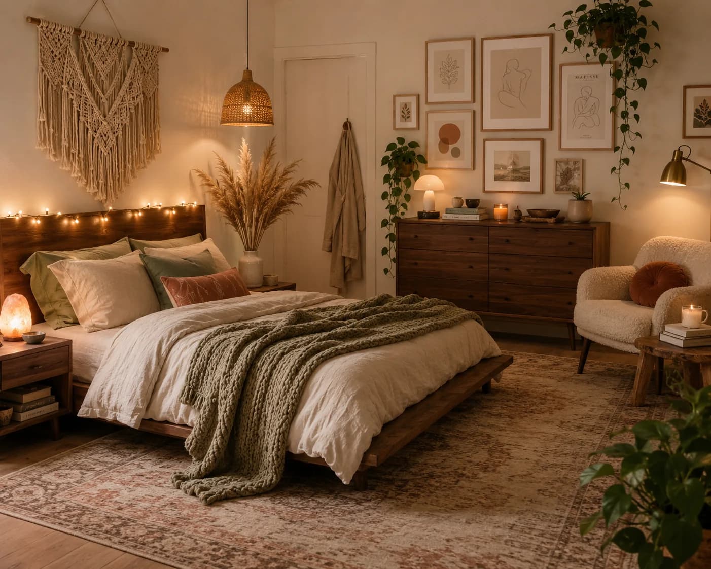 Boho bedroom in the evening with a low wooden bed, a green knitted throw, a macrame wall hanging, a rattan pendant, framed prints and string lights along the headboard