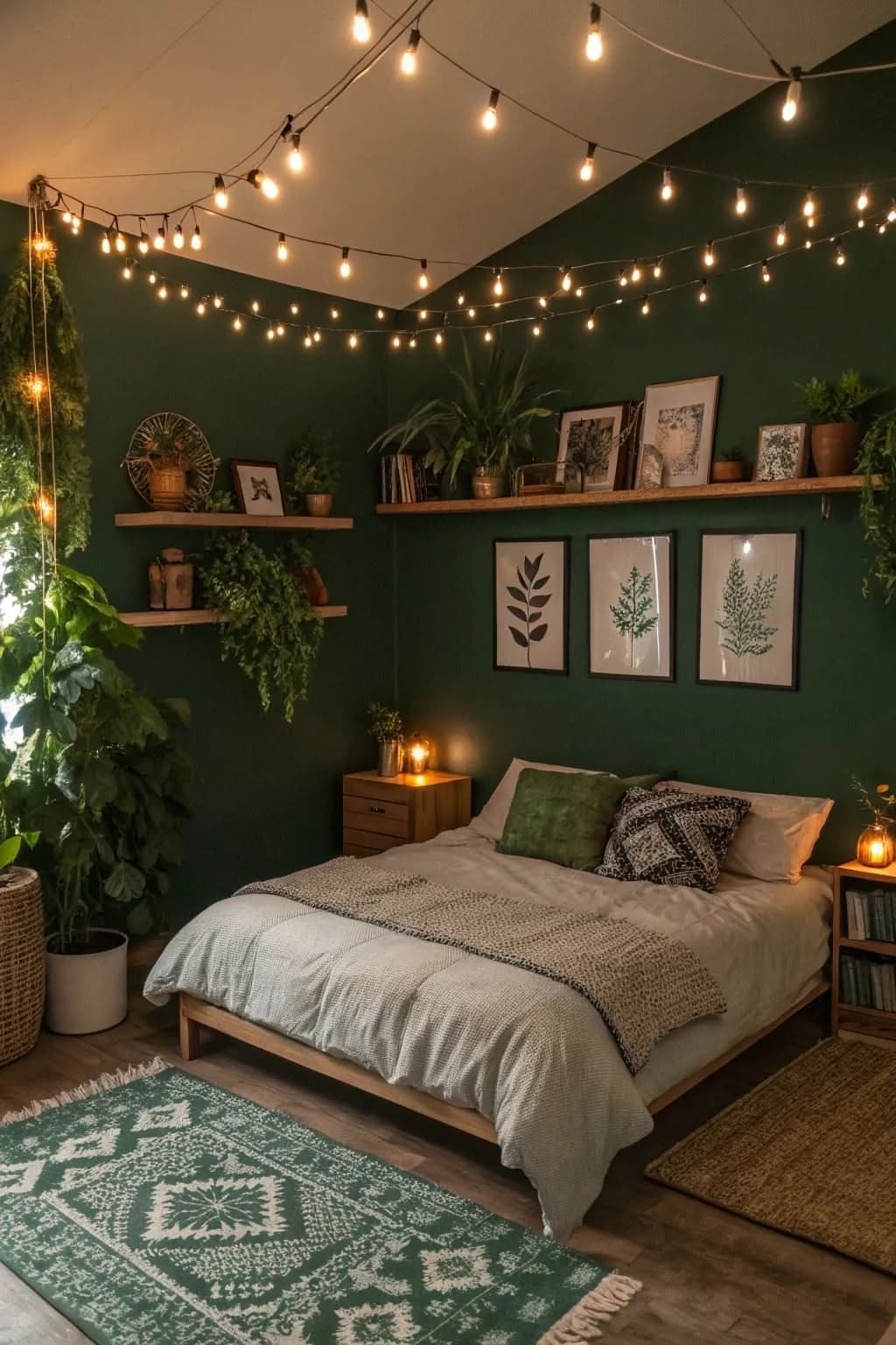 Bedroom with dark green walls, string lights across the ceiling corner, wooden shelves with plants and framed leaf prints above a low bed and a green patterned rug