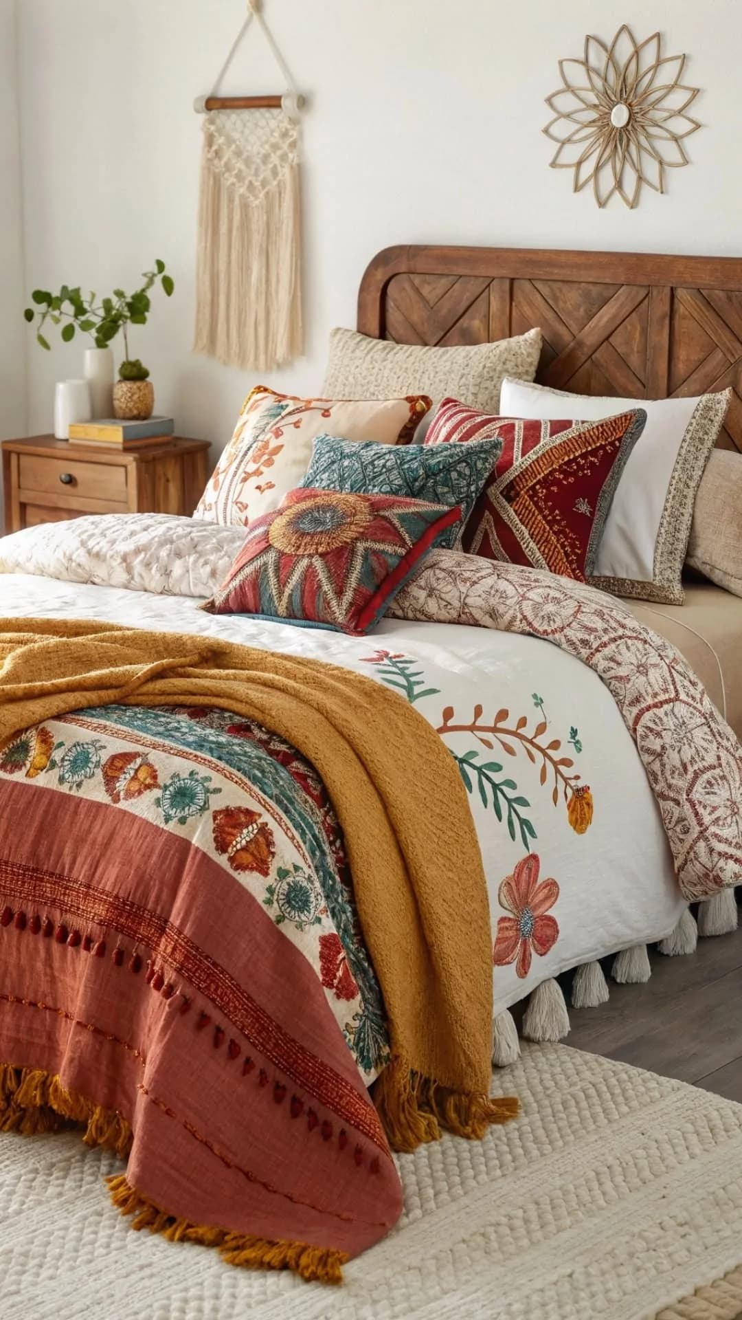Bed with a carved wooden headboard, embroidered floral bedding in red, teal and mustard, a mustard throw and a small macrame hanging on the wall