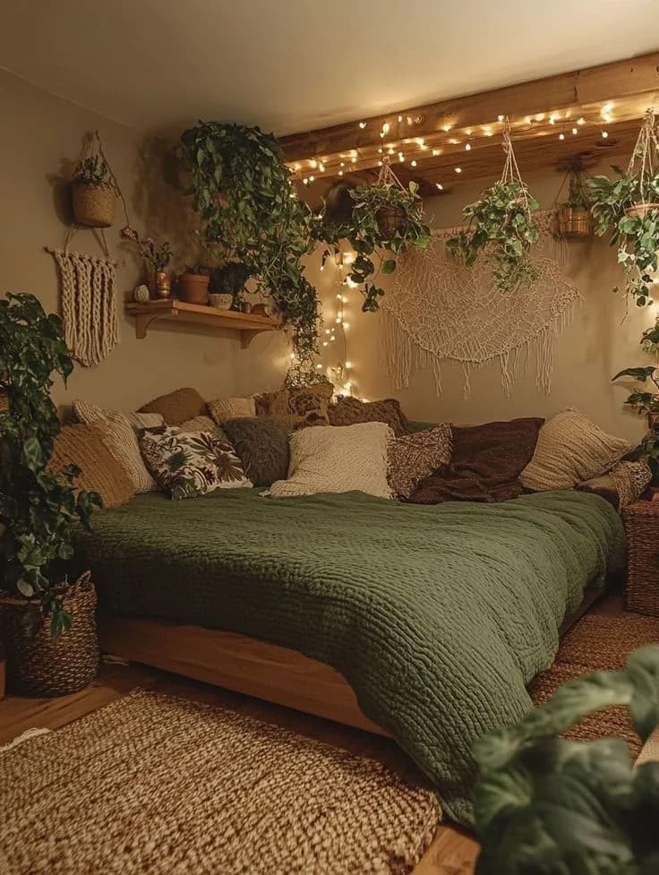 Low bed with an olive green quilted cover and many cushions under a shelf of trailing plants, hanging planters, a macrame piece and warm fairy lights