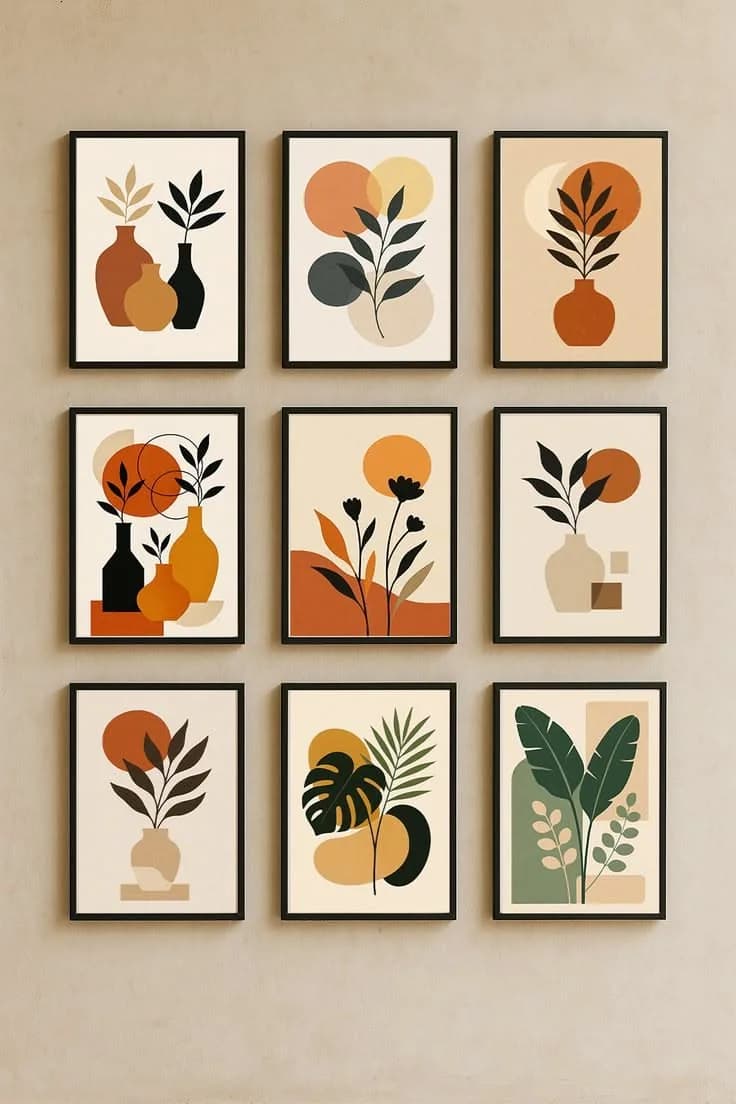 Nine black-framed botanical prints in rust, mustard, black and green hung in a tight grid on a beige wall