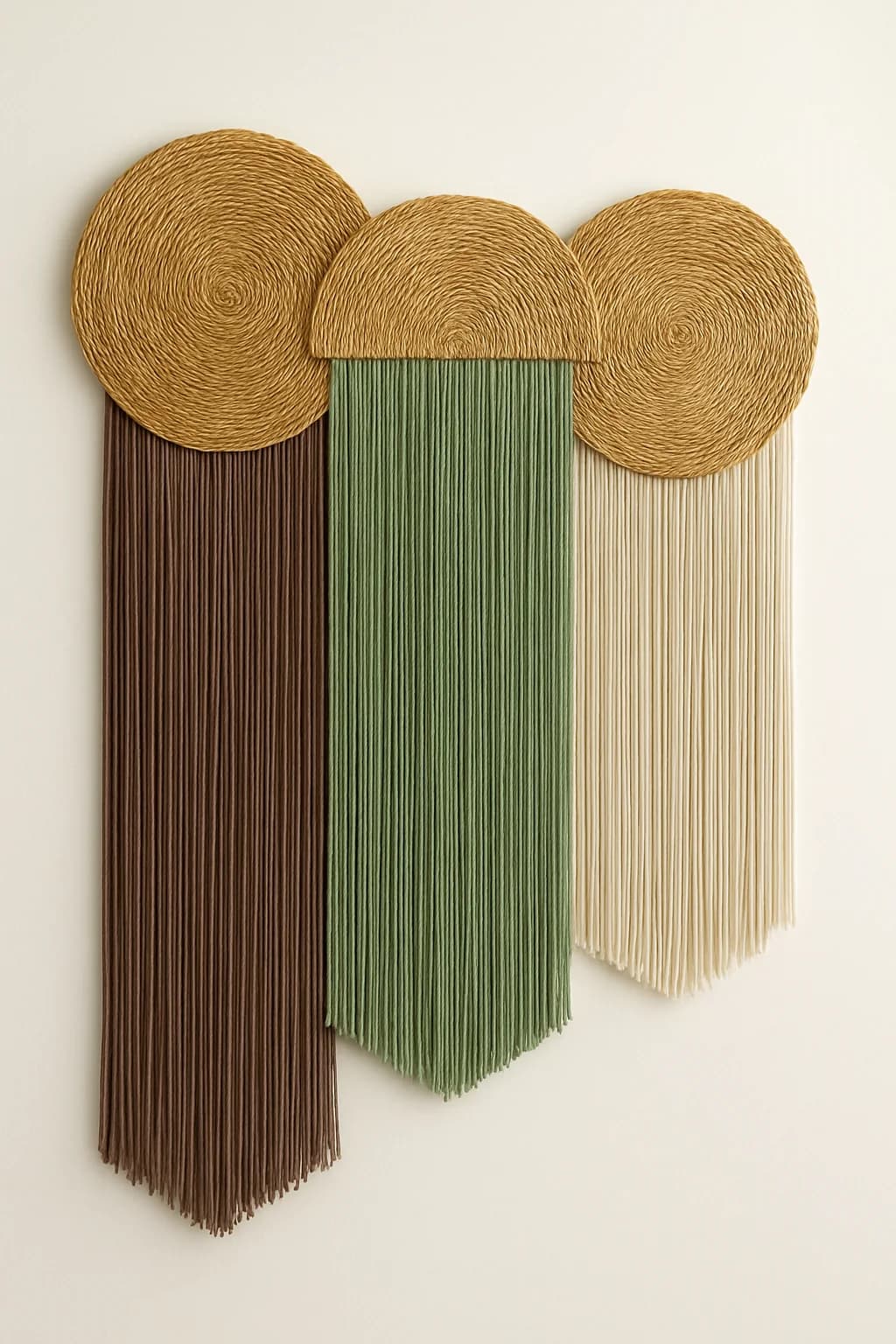 Wall hanging made from three round woven raffia mats with long yarn fringes in brown, green and cream