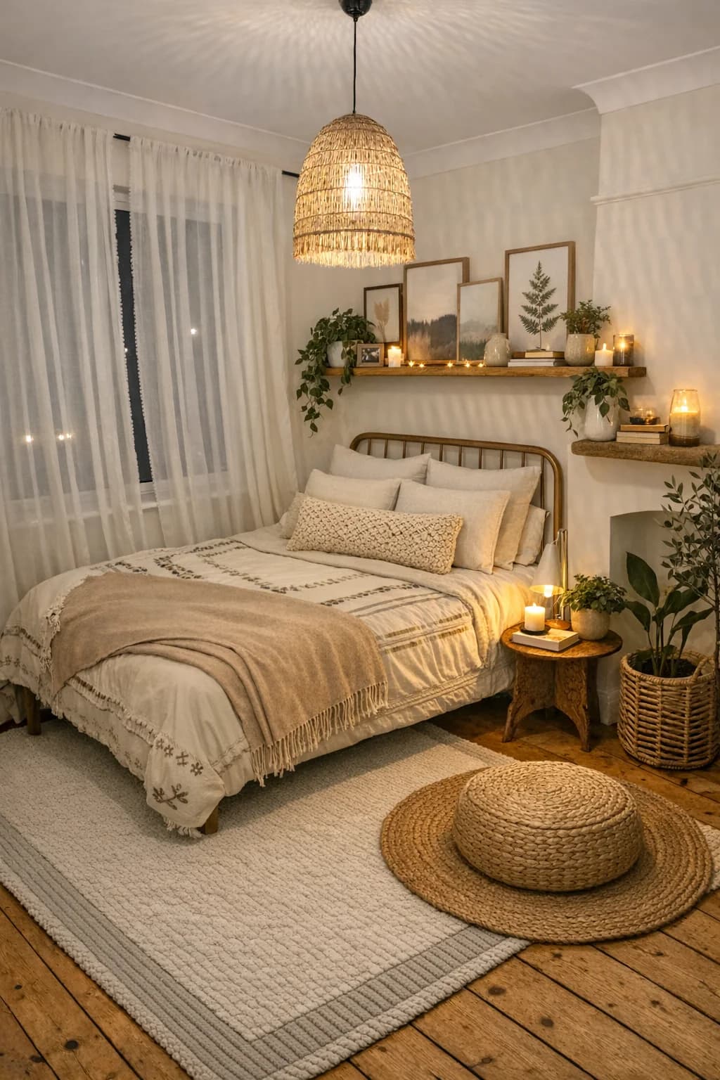 Bedroom with a woven rattan pendant shade, a metal bed with cream and beige bedding, a shelf of framed prints and plants, a round jute mat and a woven pouf on a wood floor