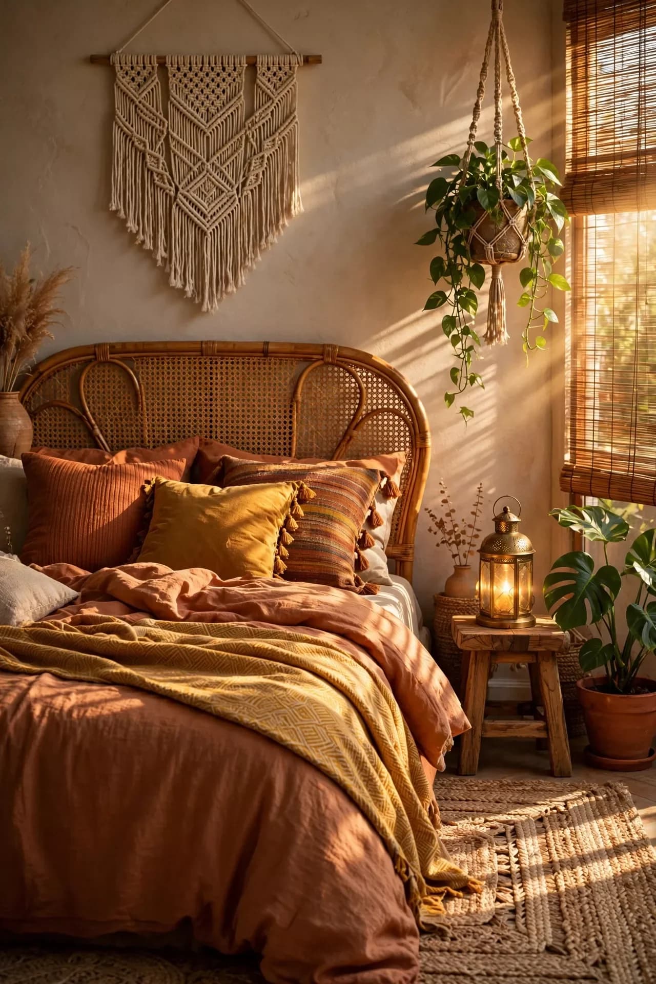 Bed with a curved rattan headboard, rust linen bedding and a mustard throw, a macrame wall hanging, a hanging pothos and a lantern on a wooden stool