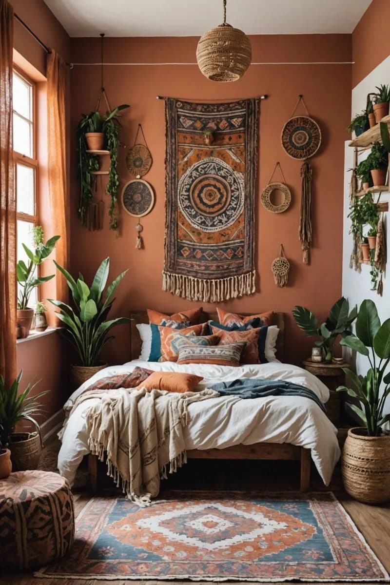 Small bedroom with terracotta walls, a patterned tapestry above the bed, woven wall baskets, white bedding with rust and blue cushions and many plants