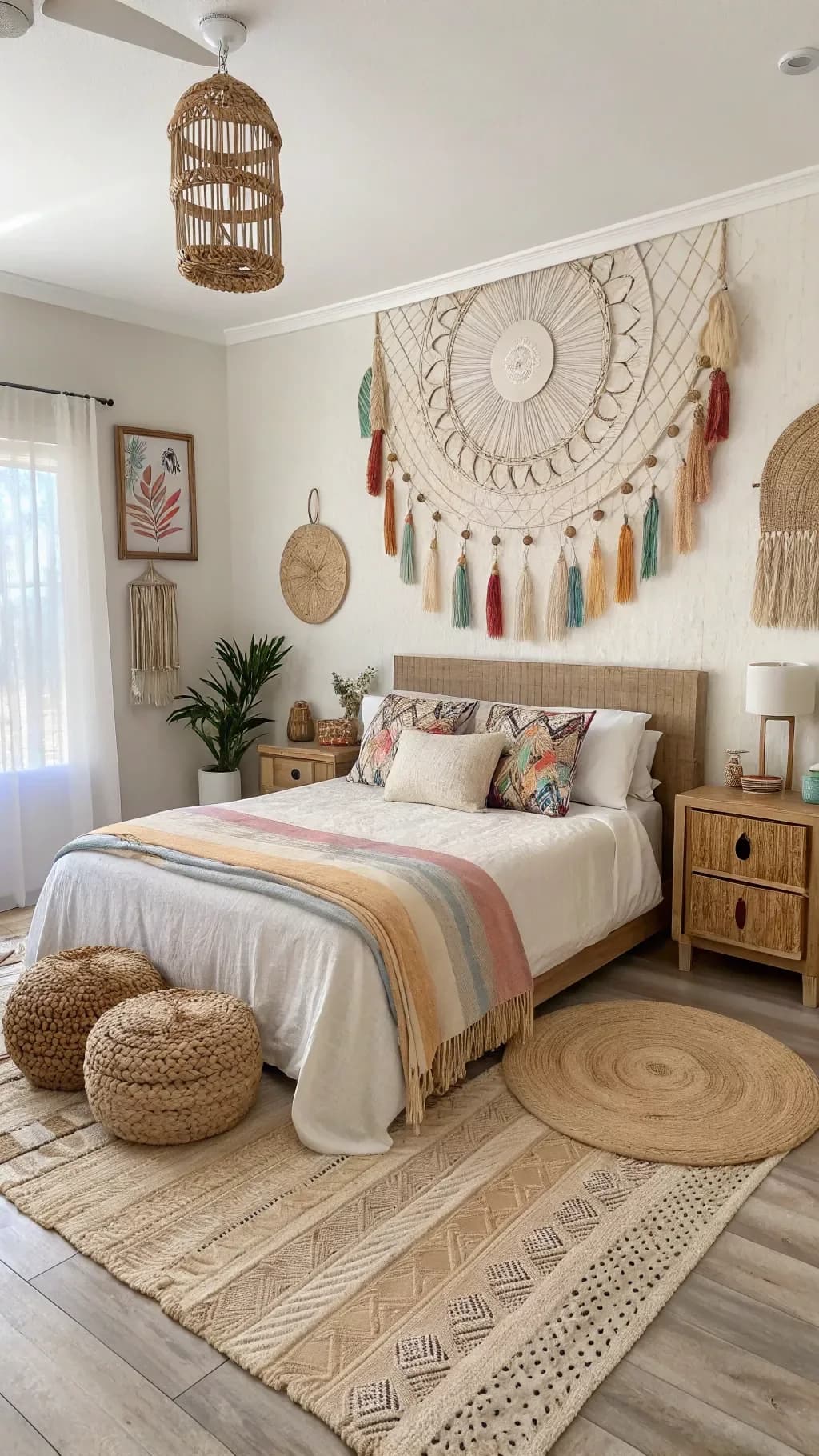 White bedroom with a large round macrame hanging with colored tassels above a cane bed, a striped throw, jute poufs and a round jute rug