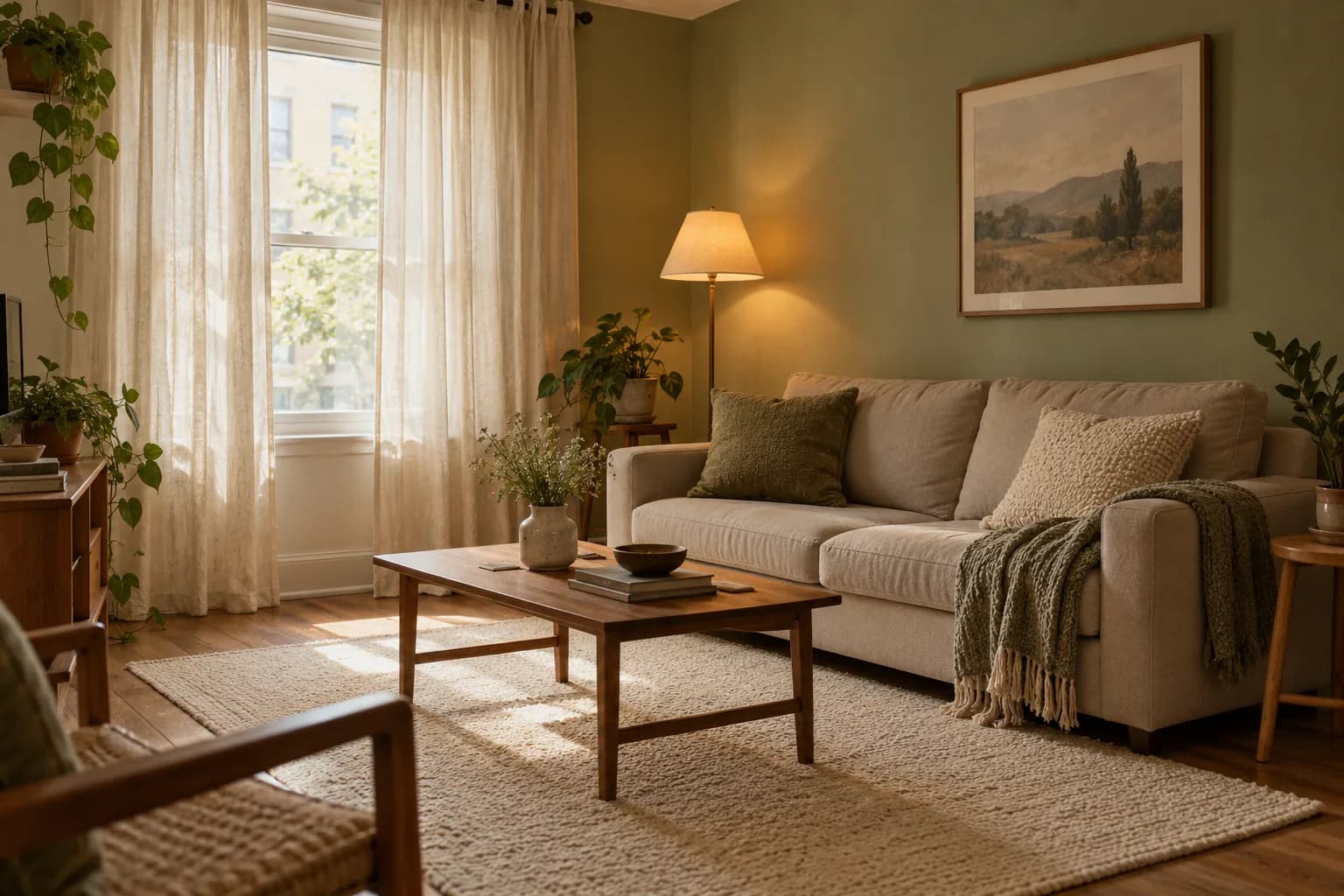 Budget-decorated living room with a sage green wall, cream rug, high linen curtains and a warm floor lamp