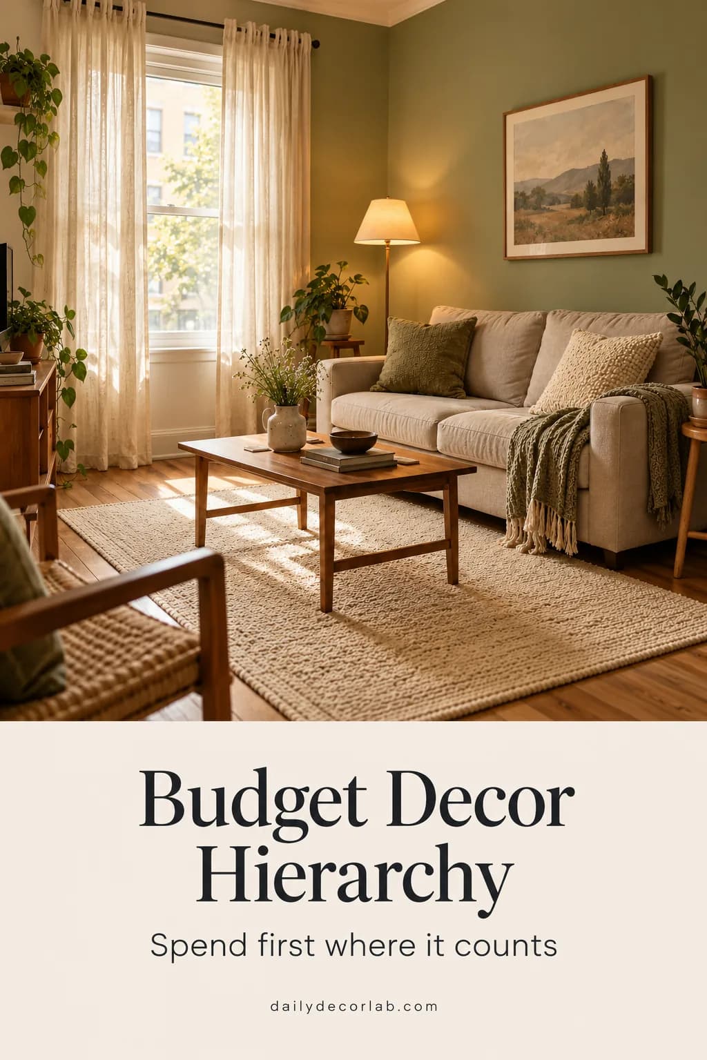 Pinterest pin for budget home decor guide with a sage green living room