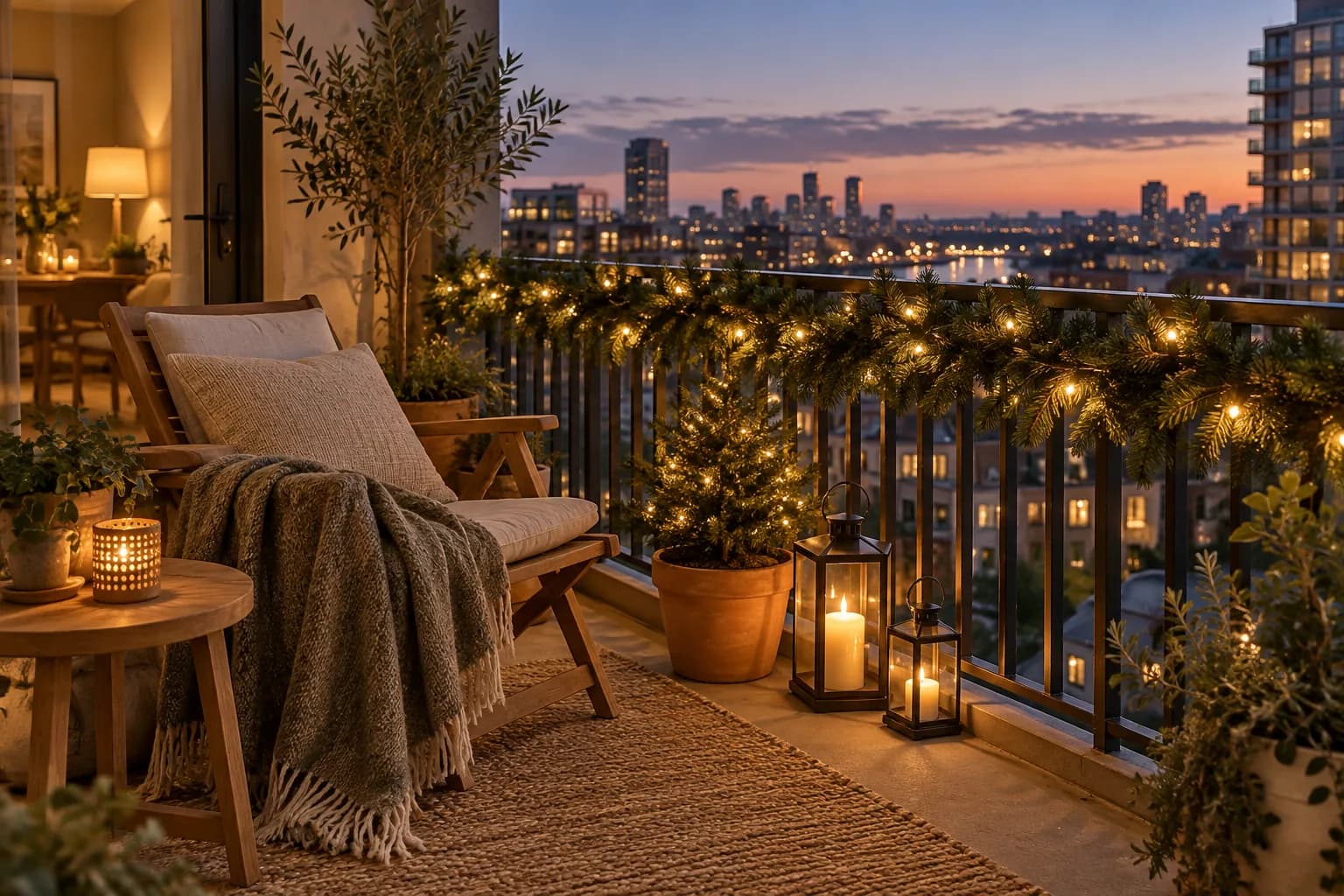 Small apartment balcony at dusk with lit garland on the railing, a potted pine and lanterns
