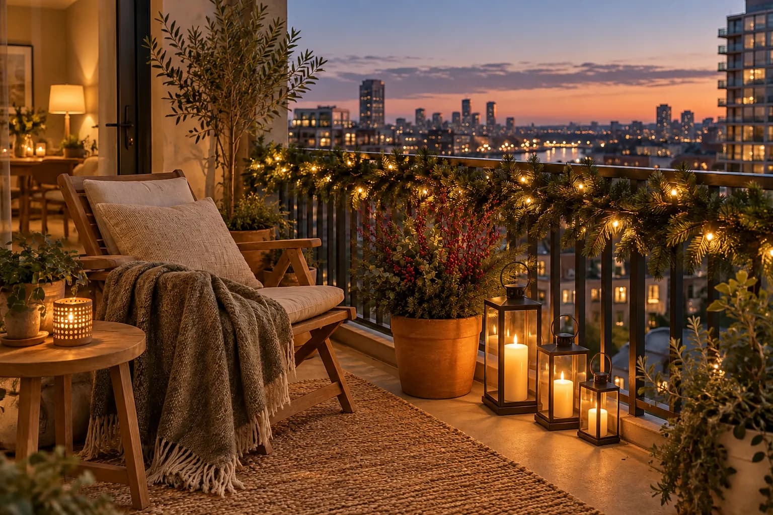 Balcony corner with three lanterns with LED candles and a planter of pine and red-stemmed branches