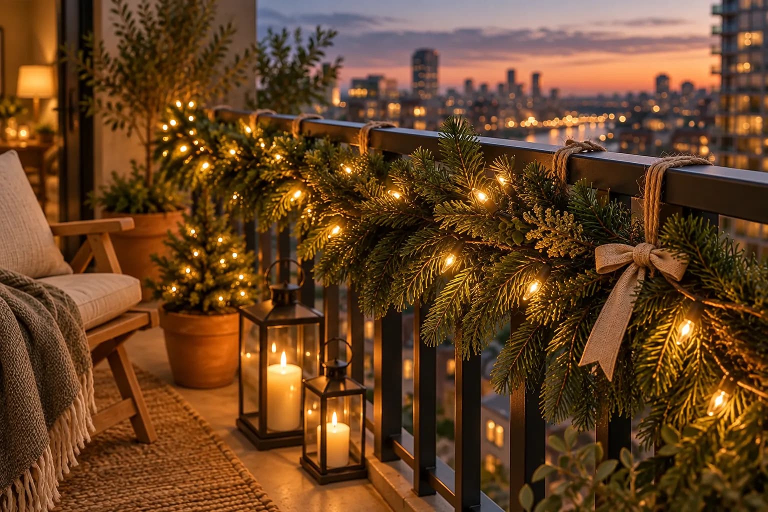 Garland with warm lights tied to a balcony railing with twine and a linen bow
