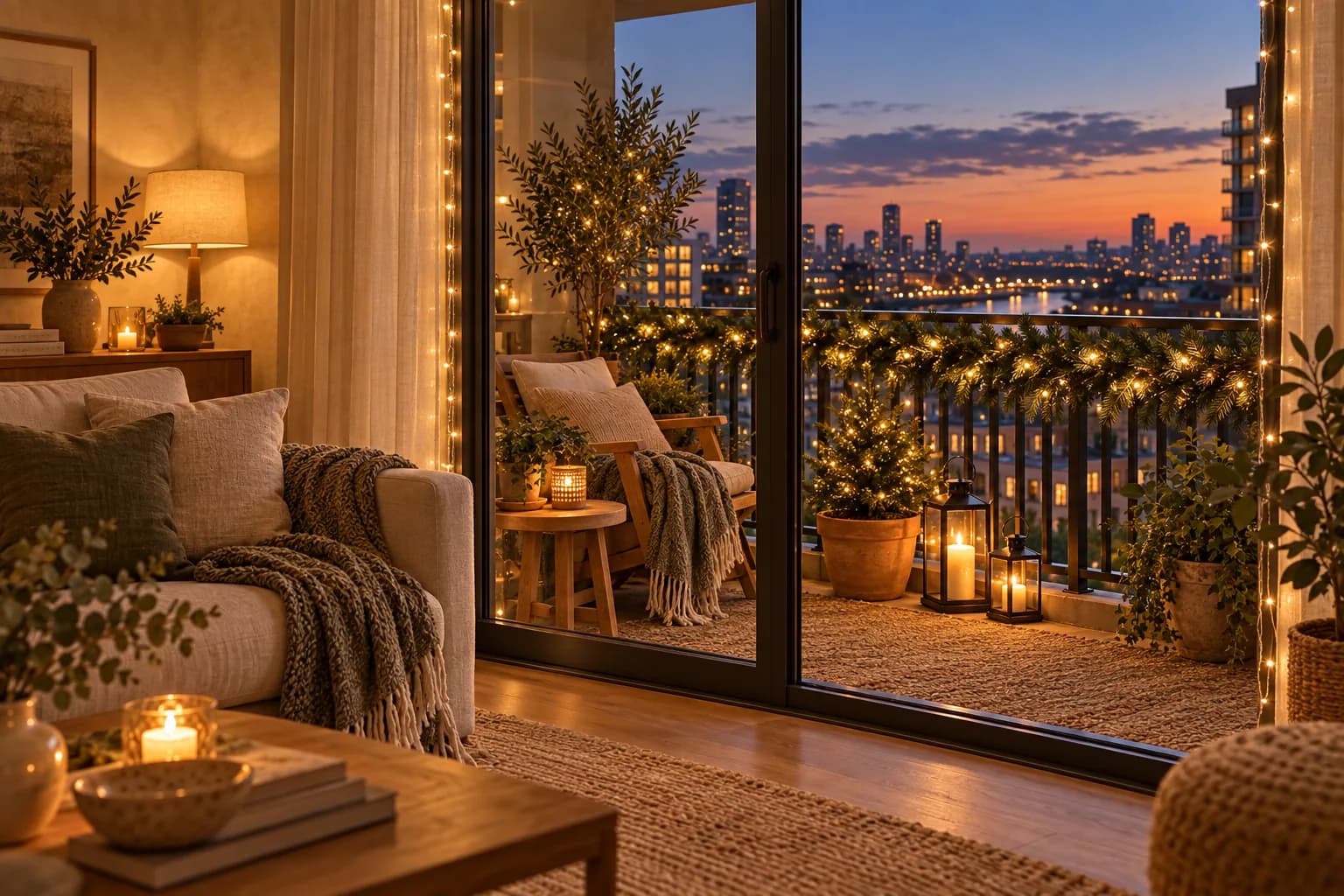 View from a warm living room through a glass door to a lit Christmas balcony