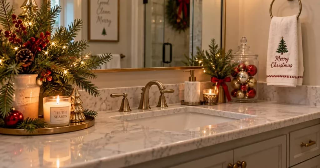 Marble bathroom vanity at Christmas with a vase of lit pine and red berries on a brass tray, a candle, a glass jar of red and gold baubles and a white hand towel embroidered with a small tree