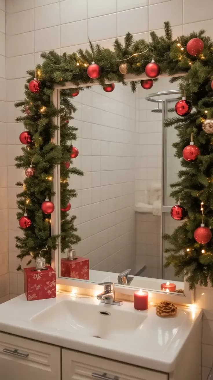 White tiled bathroom with a thick evergreen garland with red baubles and lights around three sides of the mirror above a white basin, red candles on the edge
