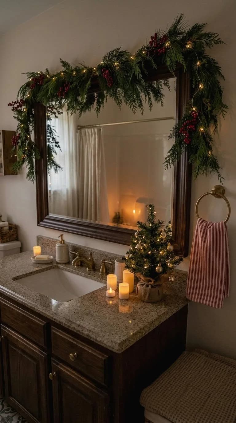 Dark wood vanity with a garland of pine and red berries with micro lights draped over a framed mirror, a small tree in a burlap pot, candles on the counter and a red striped hand towel