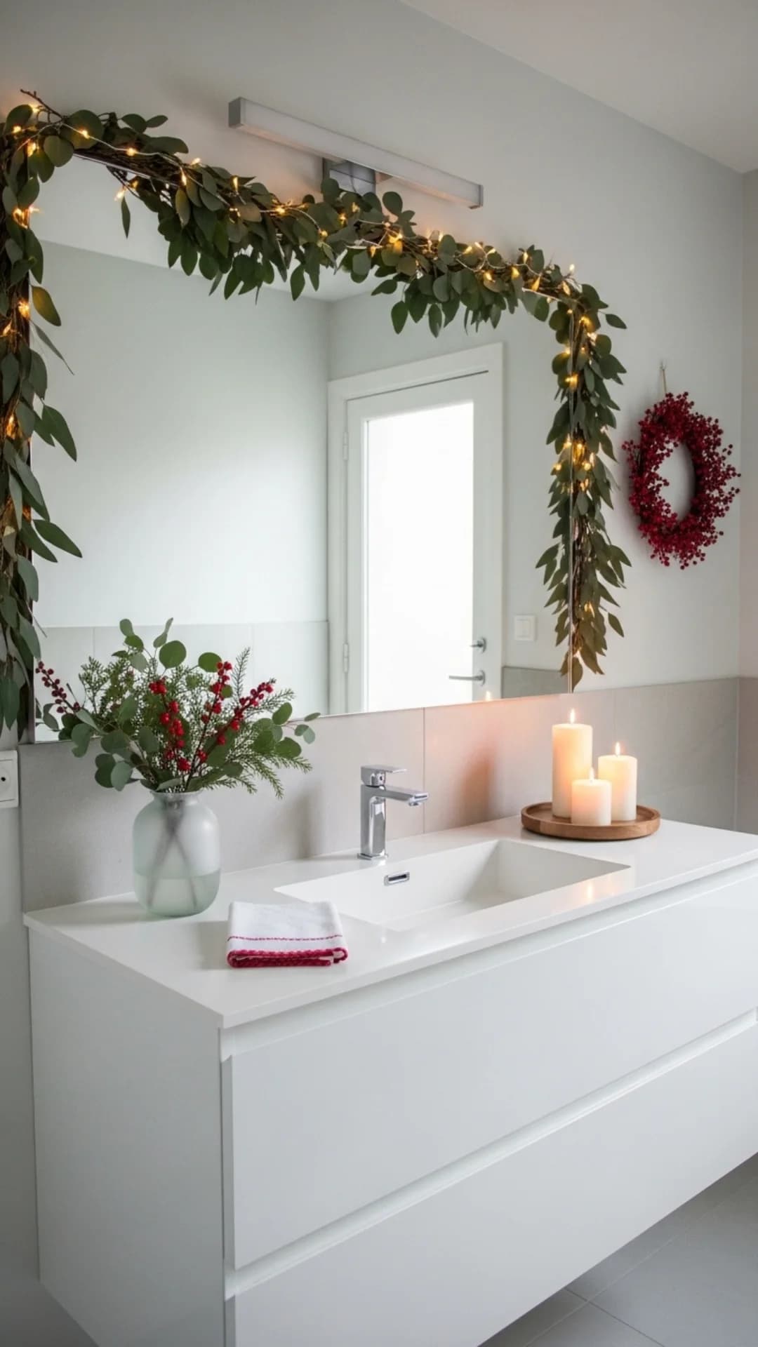White modern floating vanity with a leafy lit garland over a frameless mirror, a vase of eucalyptus and berries, three pillar candles and a red berry wreath on the wall