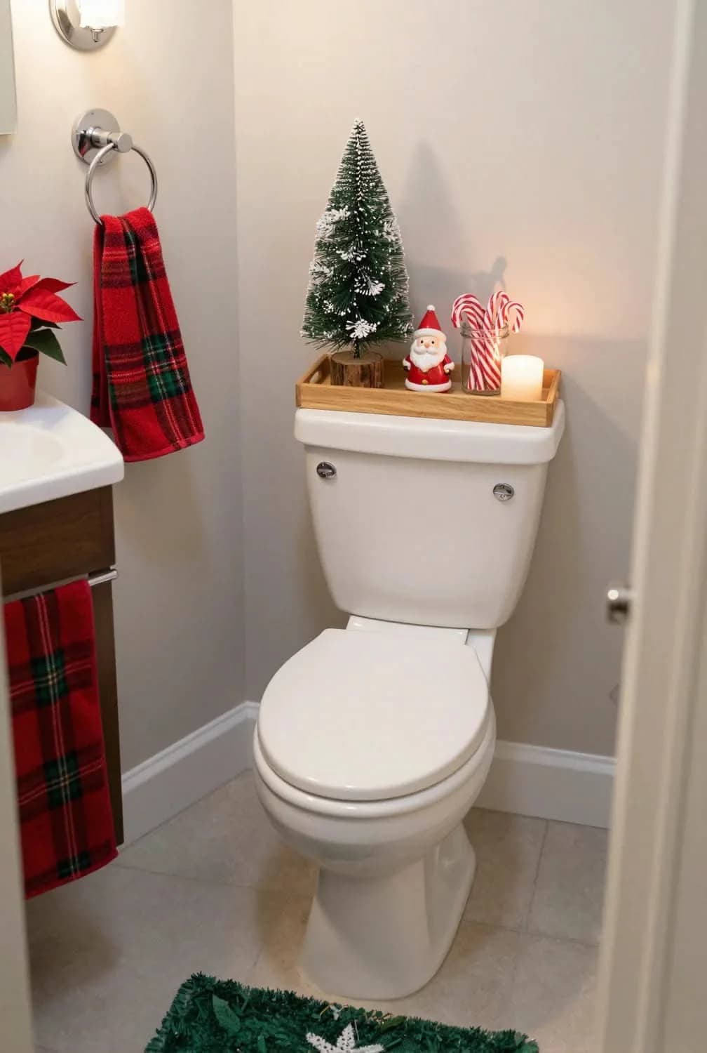 Small bathroom with red plaid towels on the ring and vanity rail, a wooden tray on the toilet tank with a bottle-brush tree, a small Santa figure and a candle, and a green mat