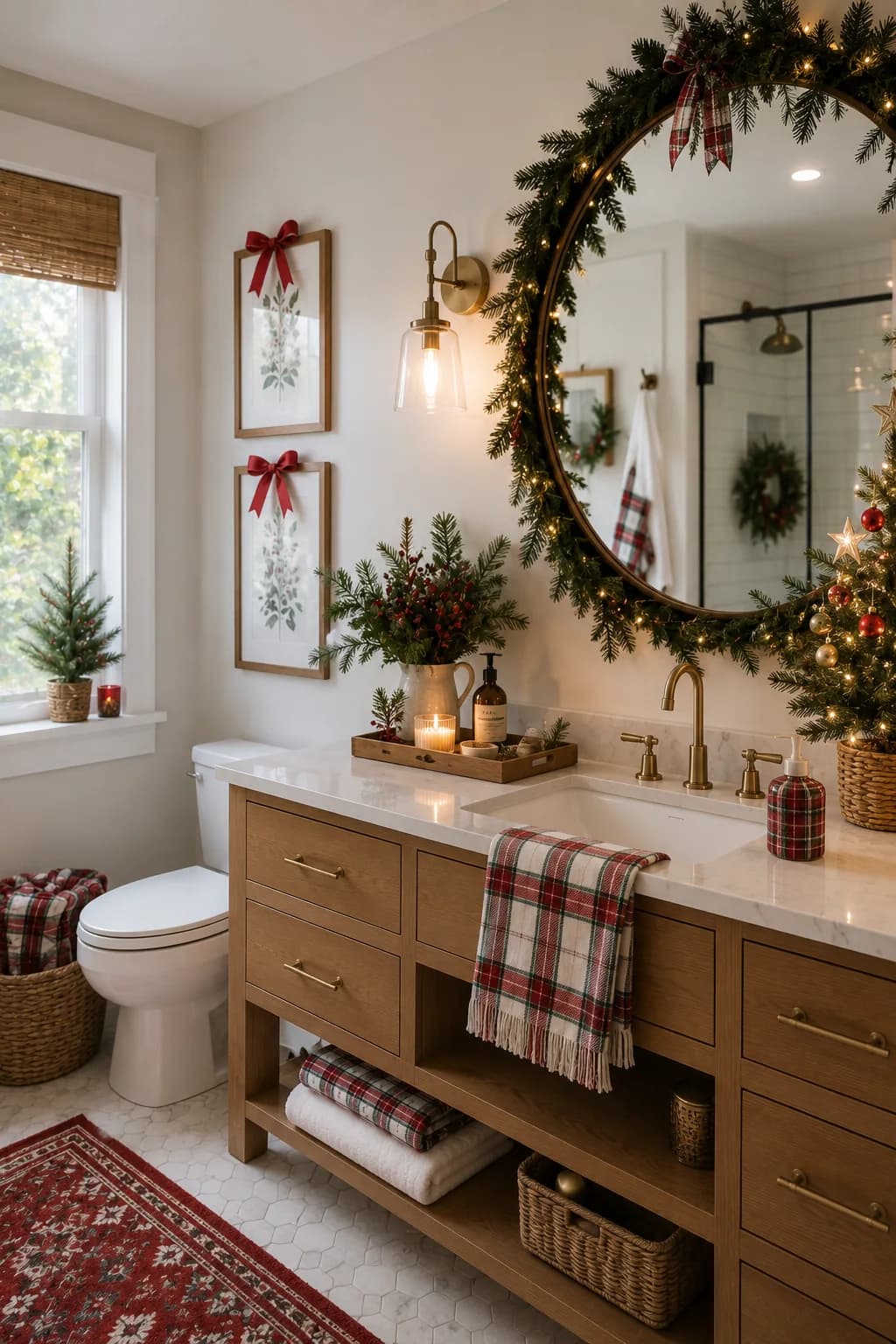 Bathroom with a wood vanity, a round mirror ringed with lit garland and a plaid bow, plaid towels, a small tree on the windowsill and a red patterned rug