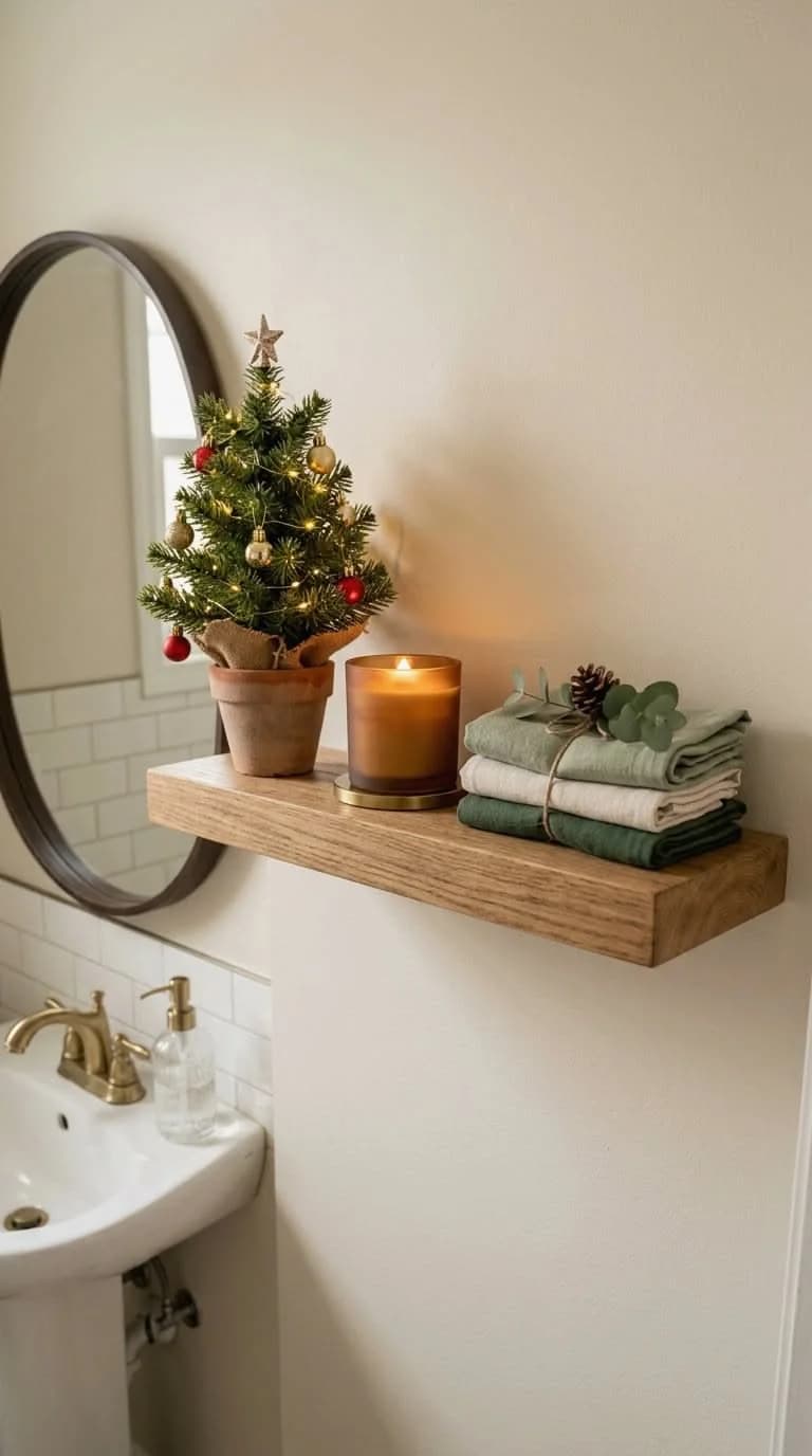 Wooden floating shelf beside a round mirror with a small potted Christmas tree, a candle in amber glass and a stack of green towels tied with twine