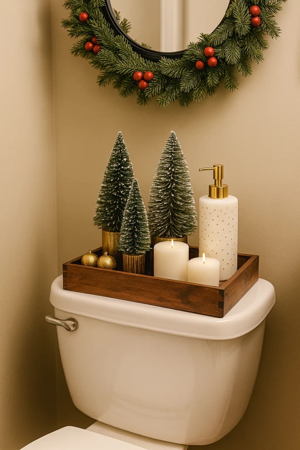 Wooden box on a toilet tank holding three bottle-brush trees, two white pillar candles, gold baubles and a speckled soap pump, with a berry wreath on the wall above