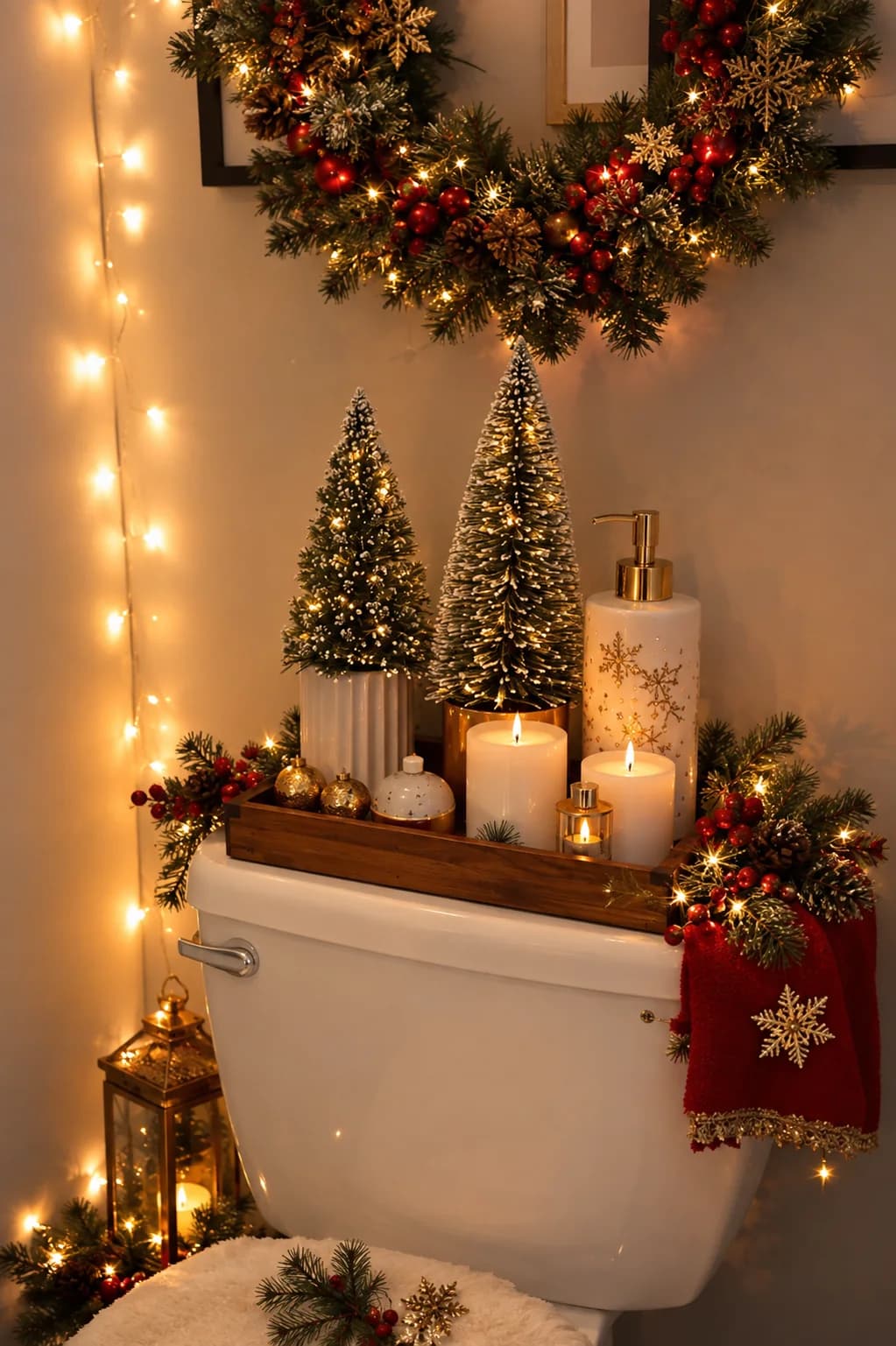 Toilet tank with a tray of lit bottle-brush trees, candles and baubles, a lit wreath above, a strand of warm lights down the wall, a red towel with a snowflake and a lantern on the floor