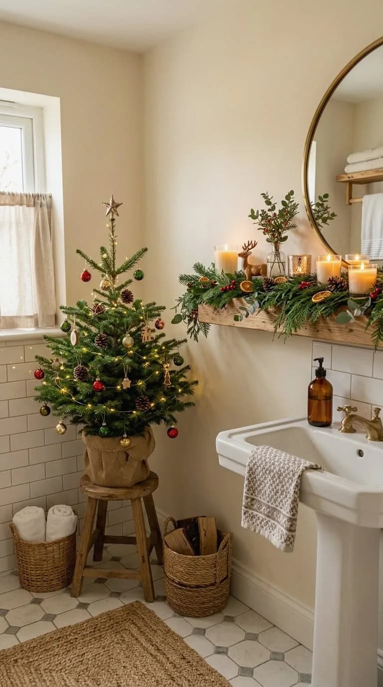 Cream bathroom with a small decorated tree on a wooden stool, baskets of towels, a pedestal basin and a shelf with a garland, dried orange and candles under a round mirror
