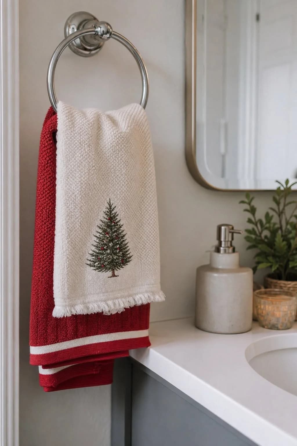 Towel ring with a red towel and a cream towel embroidered with a small tree layered over it, beside a mirror and a stone soap pump