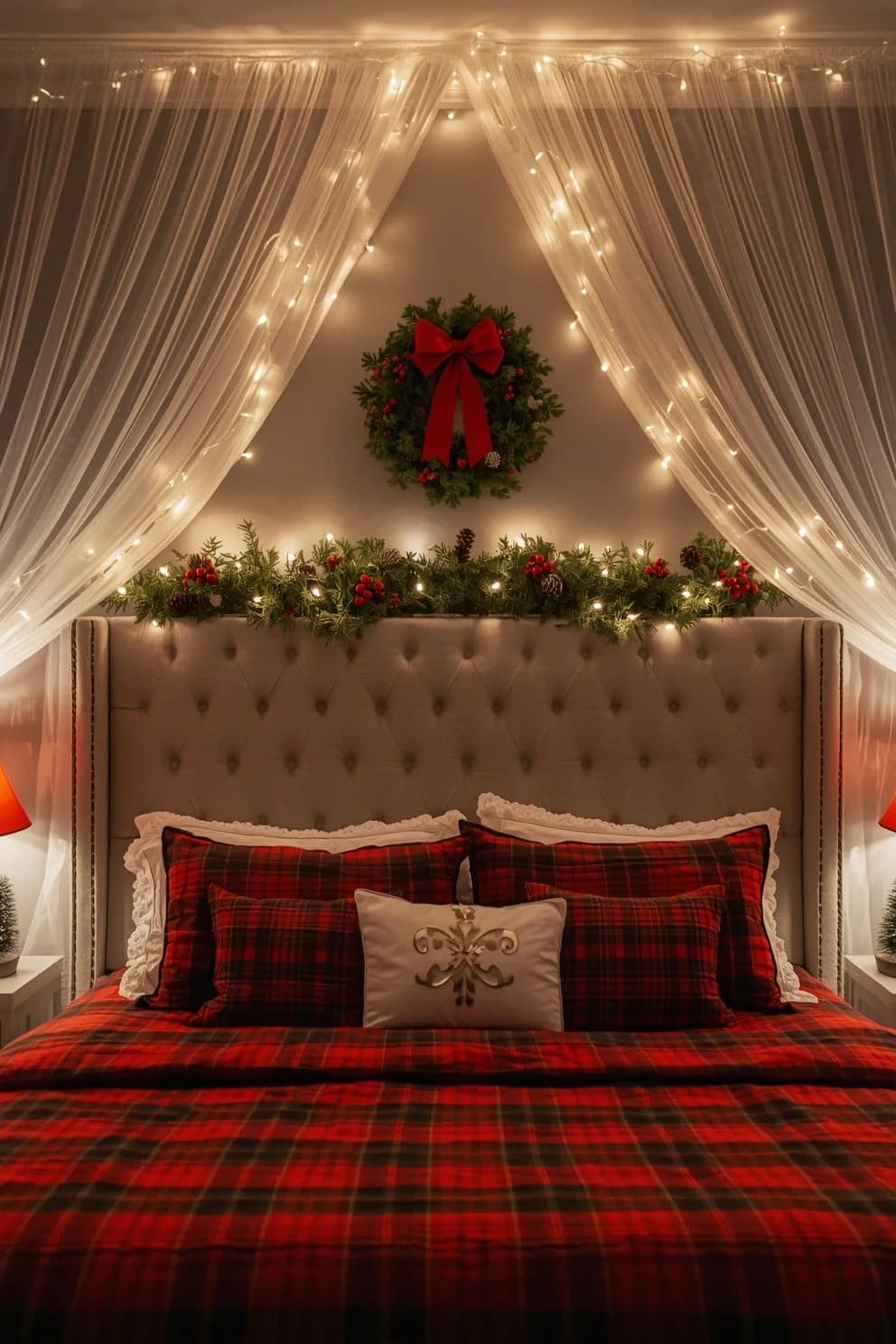 Tufted headboard under sheer curtains draped with warm string lights, a wreath with a red bow above a berry garland and red tartan bedding