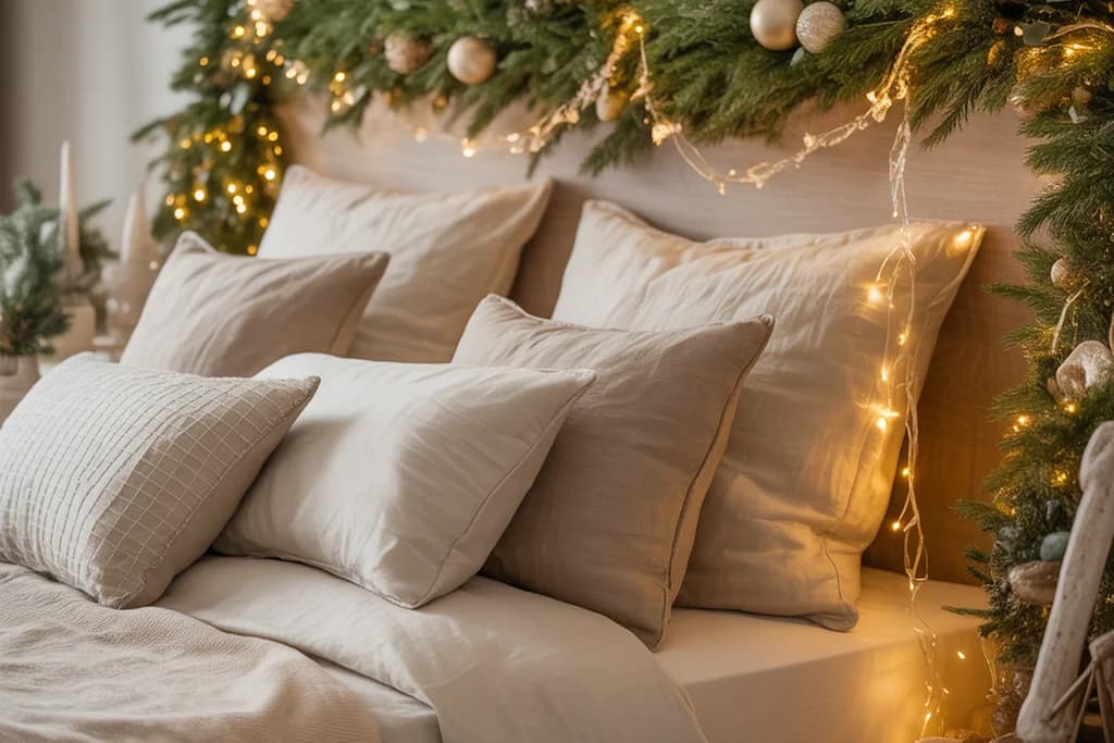 Bed with cream linen pillows under an evergreen garland with cream baubles and warm micro lights along the headboard