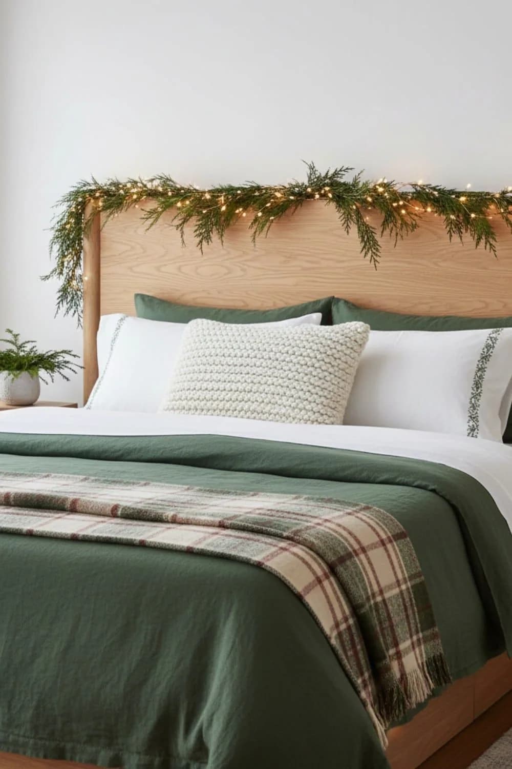 Natural wood headboard with a thin lit evergreen garland along the top, white sheets, forest green bedding and a cream plaid throw