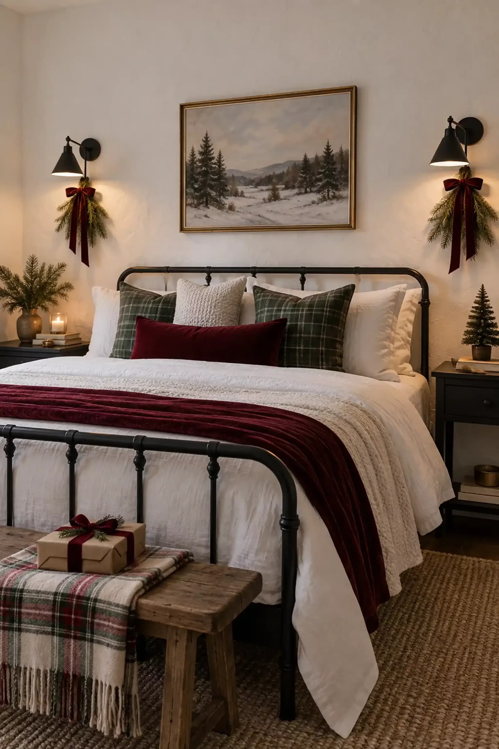 Black iron bed with white bedding, a burgundy velvet throw and green plaid pillows, small bow-tied evergreen swags on the wall sconces and a winter landscape painting