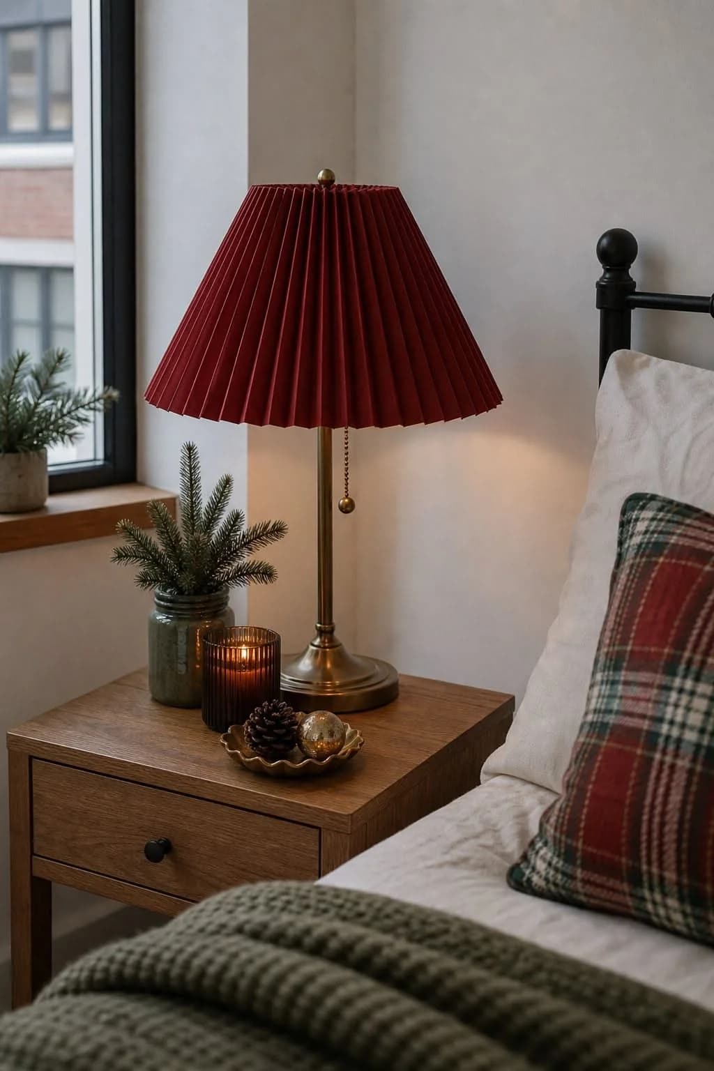 Wooden nightstand beside a window with a red pleated lampshade, a jar of pine sprigs, an amber candle and a plaid pillow on the bed
