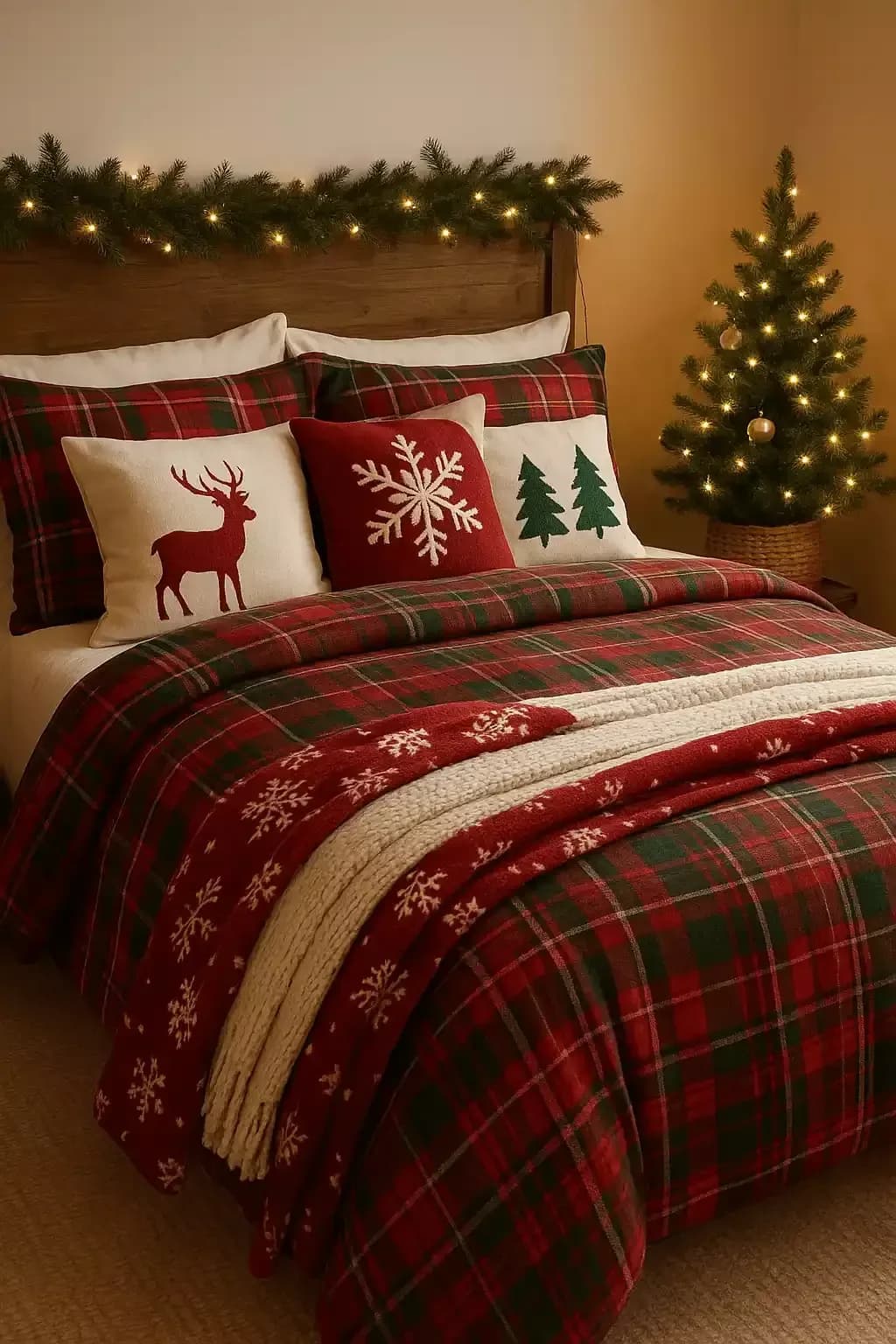 Bed with a red and green tartan duvet, reindeer, snowflake and tree pillows, a lit garland on the wooden headboard and a small lit tree in a basket
