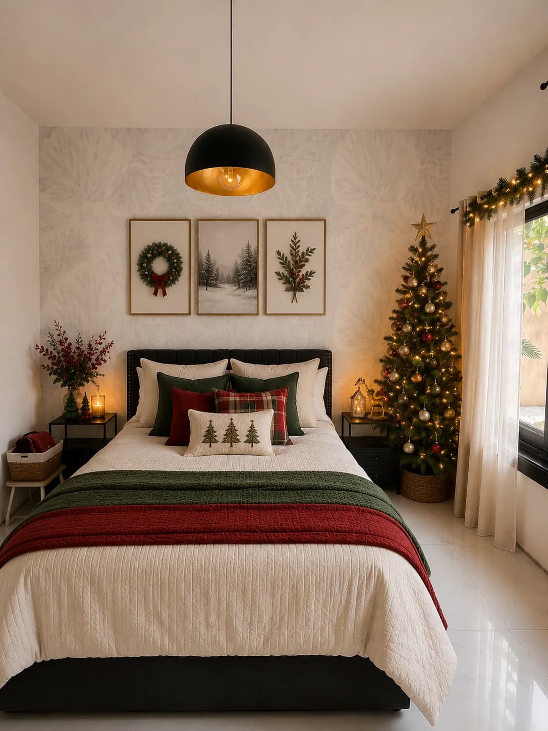 Small bedroom with three framed Christmas prints above a black headboard, green and red throws across cream bedding, a garland on the curtain rod and a slim lit tree