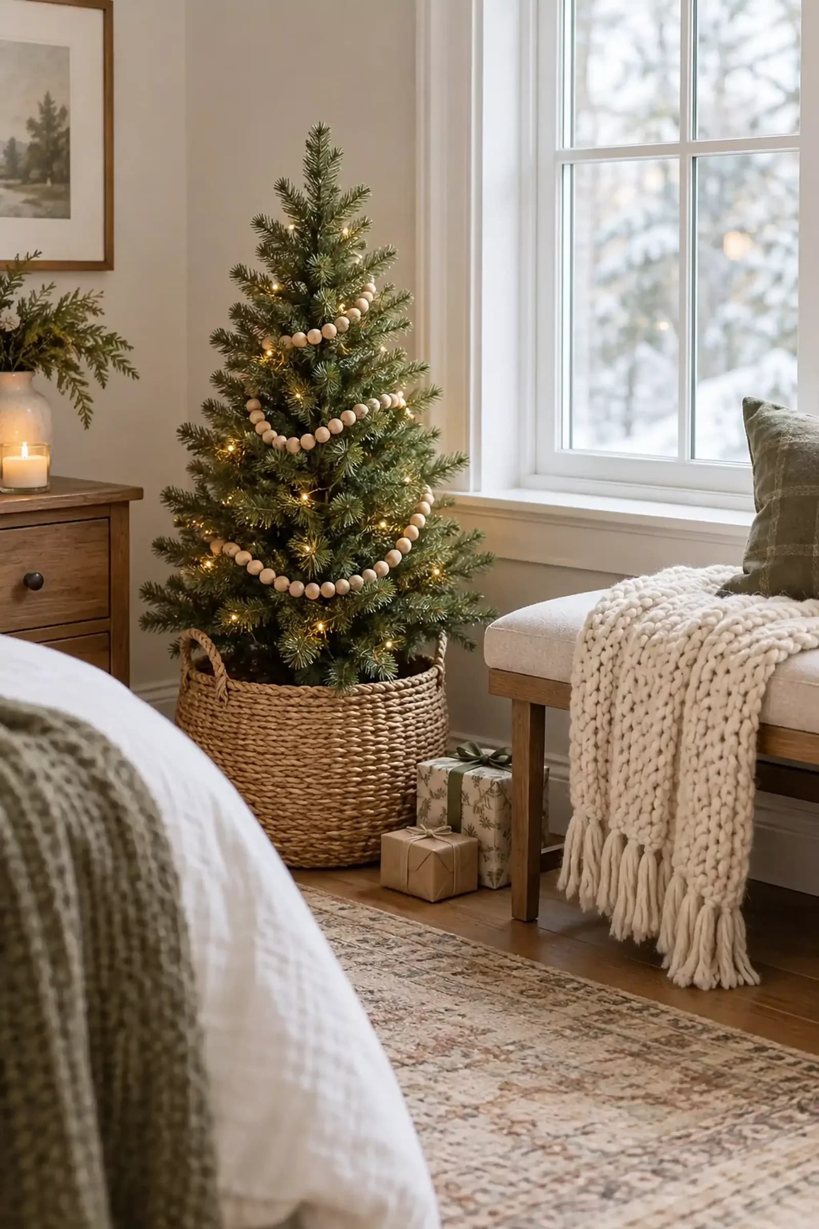 Small Christmas tree with warm lights and a wooden bead garland in a woven basket beside a bedroom window, with wrapped gifts and a knit throw on a bench