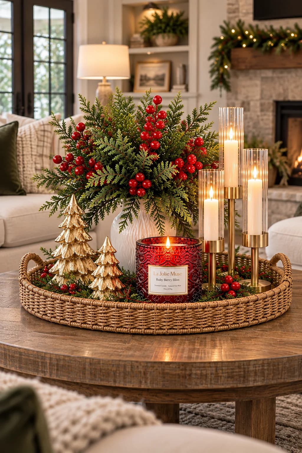 Round wicker tray on a wooden coffee table with a vase of cedar and berries, candles and small gold trees