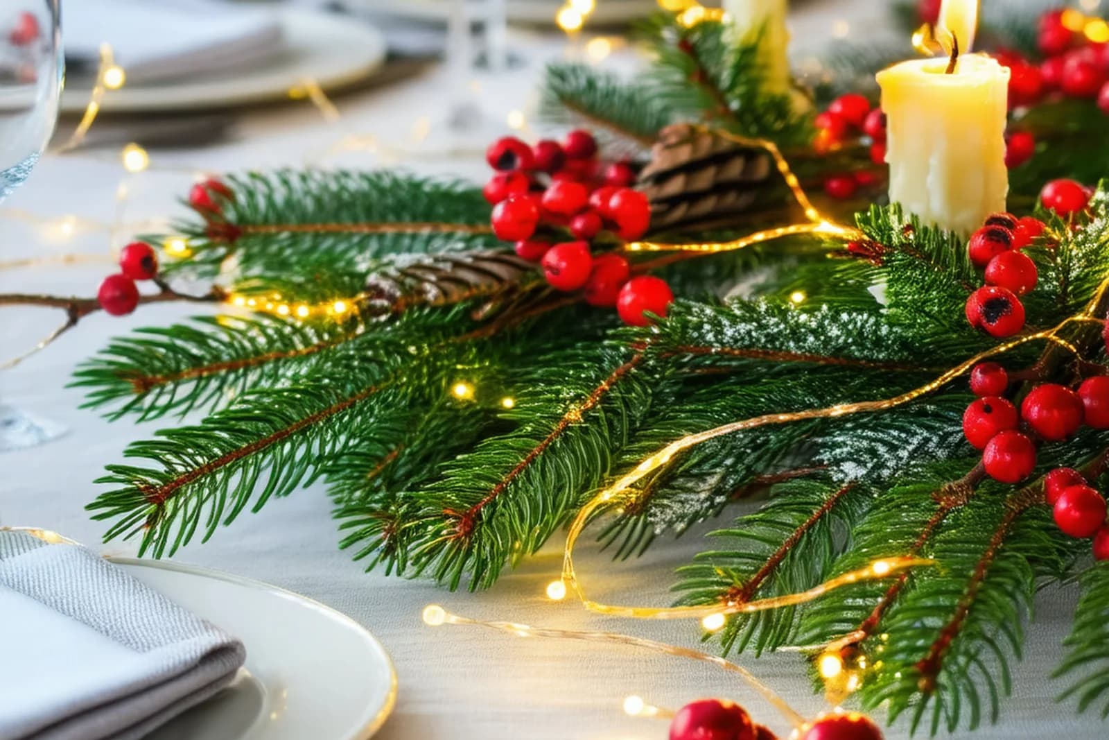 Pine branches, red berries, fairy lights and a candle running down a white Christmas table set with plates