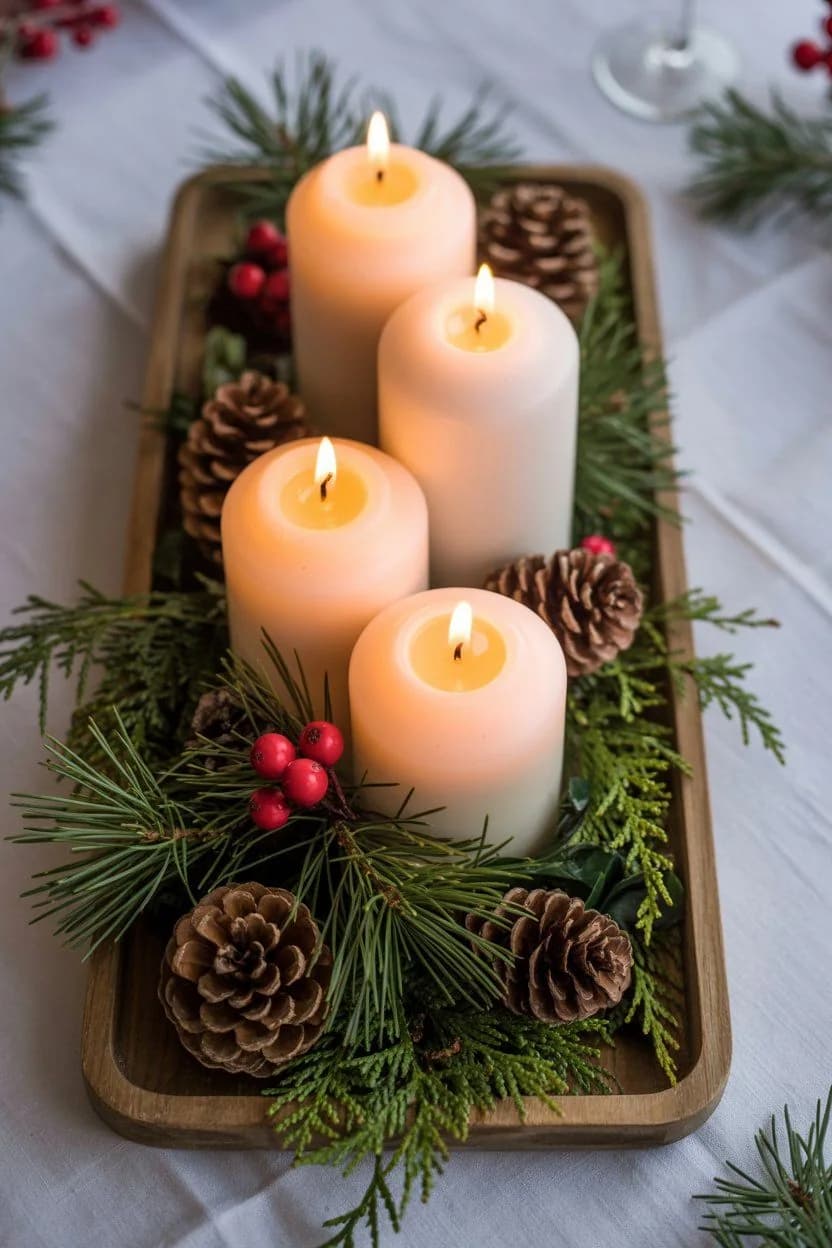 Oval wooden dough bowl with four lit pillar candles, pine cones, berries and evergreen sprigs