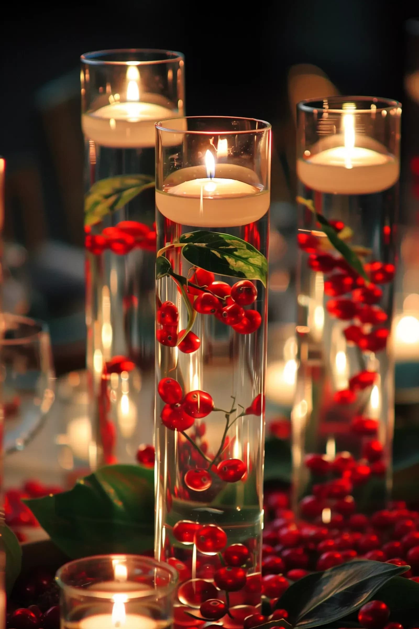Tall glass cylinders with floating candles above red cranberries and green leaves