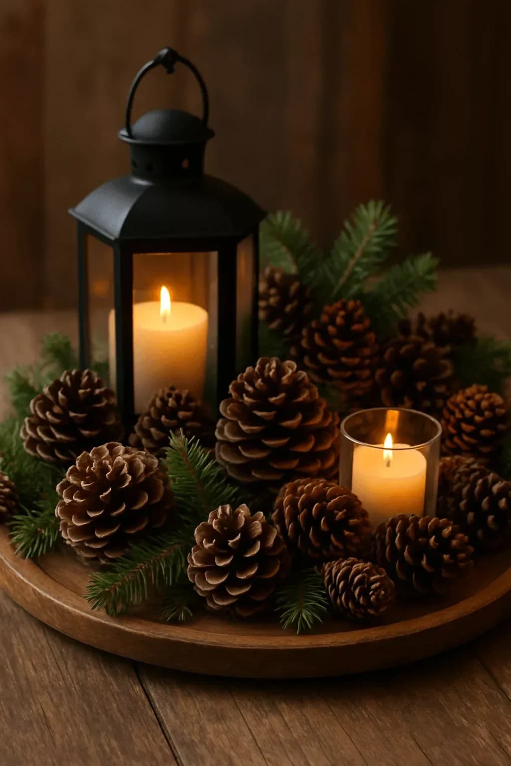 Black lantern with a pillar candle on a wooden tray surrounded by pine cones and pine sprigs