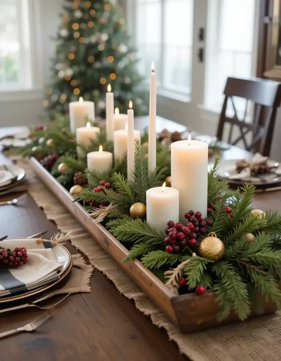 Wooden tray with pillar and taper candles, pine, berries and gold baubles on a set dining table