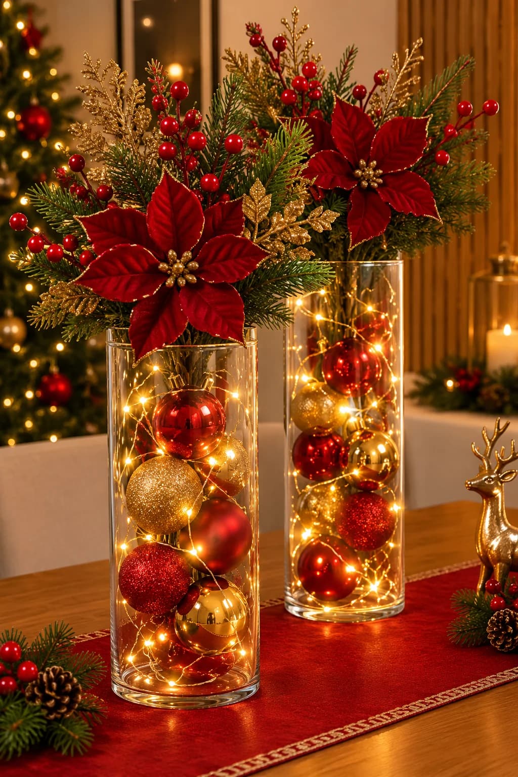 Two glass vases filled with red and gold baubles and fairy lights, topped with poinsettias, on a red runner